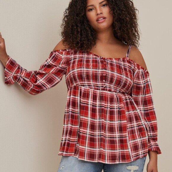 Torrid Cold Shoulder Babydoll Top Crinkle Gauze Smocked Size 3 Red Plaid Fall - Picture 1 of 7